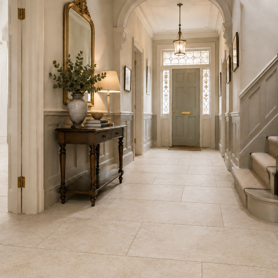 Farmhouse flagstone effect porcelain tiles in a hallway