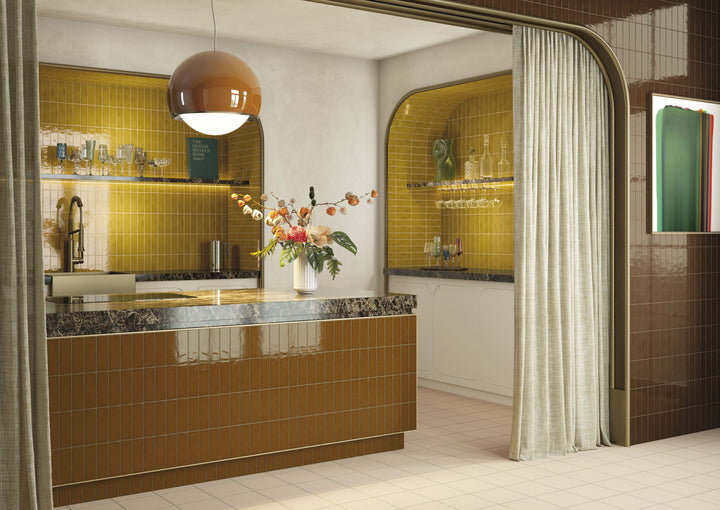 Kitchen featuring Quintessenza Amarcord Miele, Ambra and Tabacco glossy porcelain wall tiles