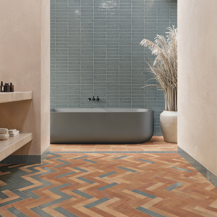 WOW Terre Smoke gloss porcelain tiles in a contemporary bathroom