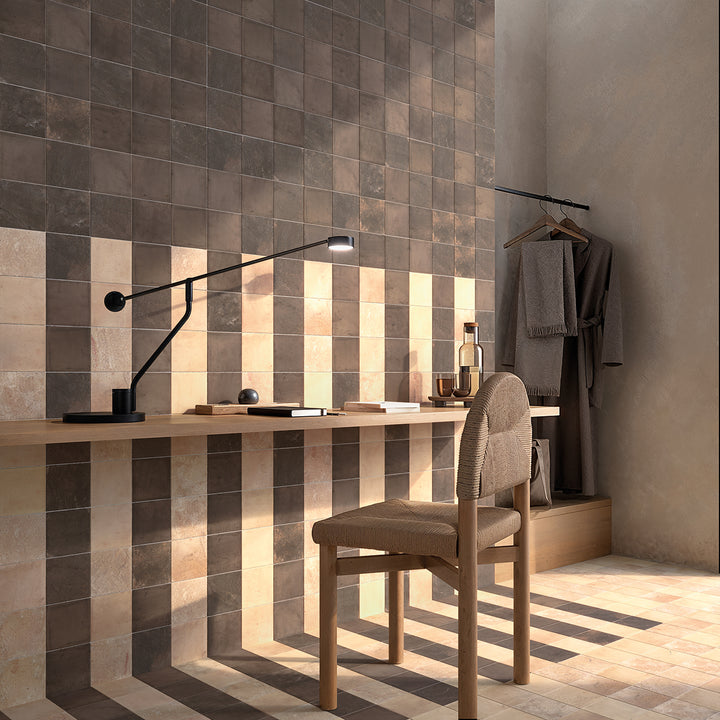 WOW Terre Chestnut gloss porcelain tiles in a warm study setting
