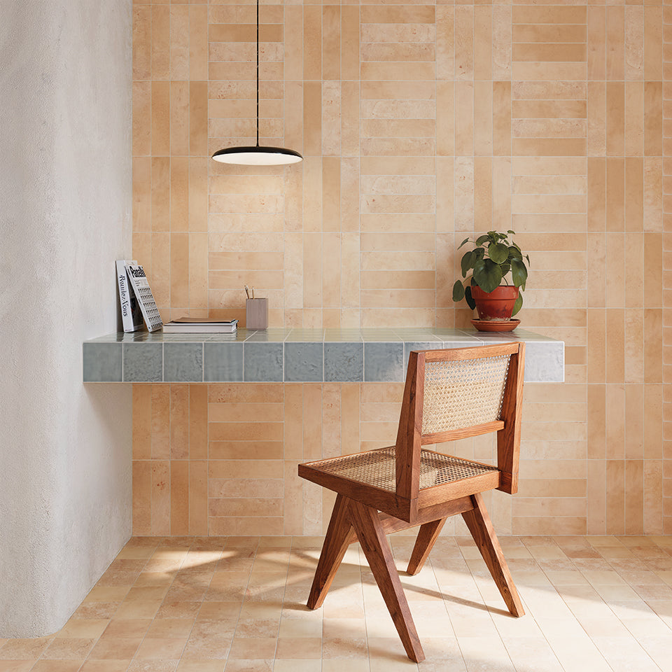 WOW Terre Wheat porcelain tiles in a warm workspace setting