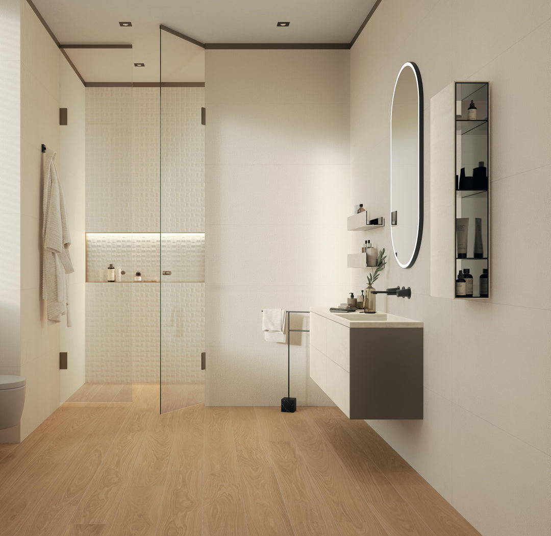 Atlas Concorde Vest Cotton and 3D Qube White wall tiles in a warm contemporary room