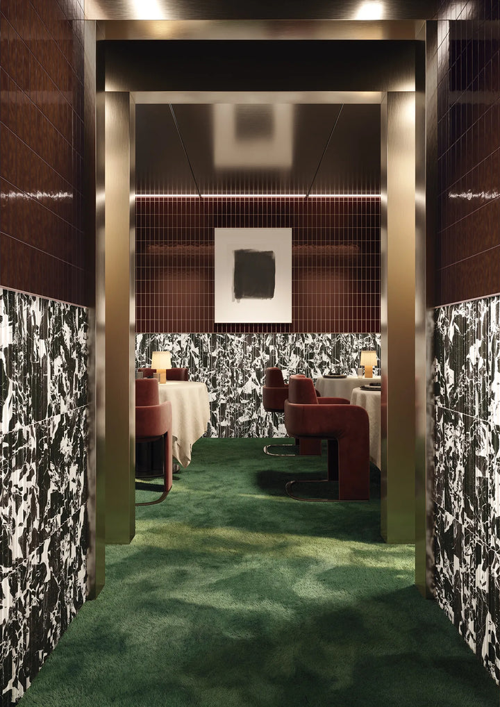Restaurant interior featuring Quintessenza Amarcord Mogano glossy porcelain wall tiles