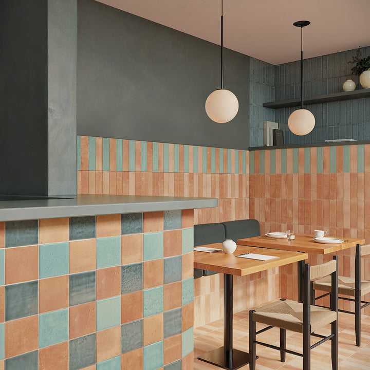 WOW Terre Turquoise gloss porcelain tiles in a restaurant setting