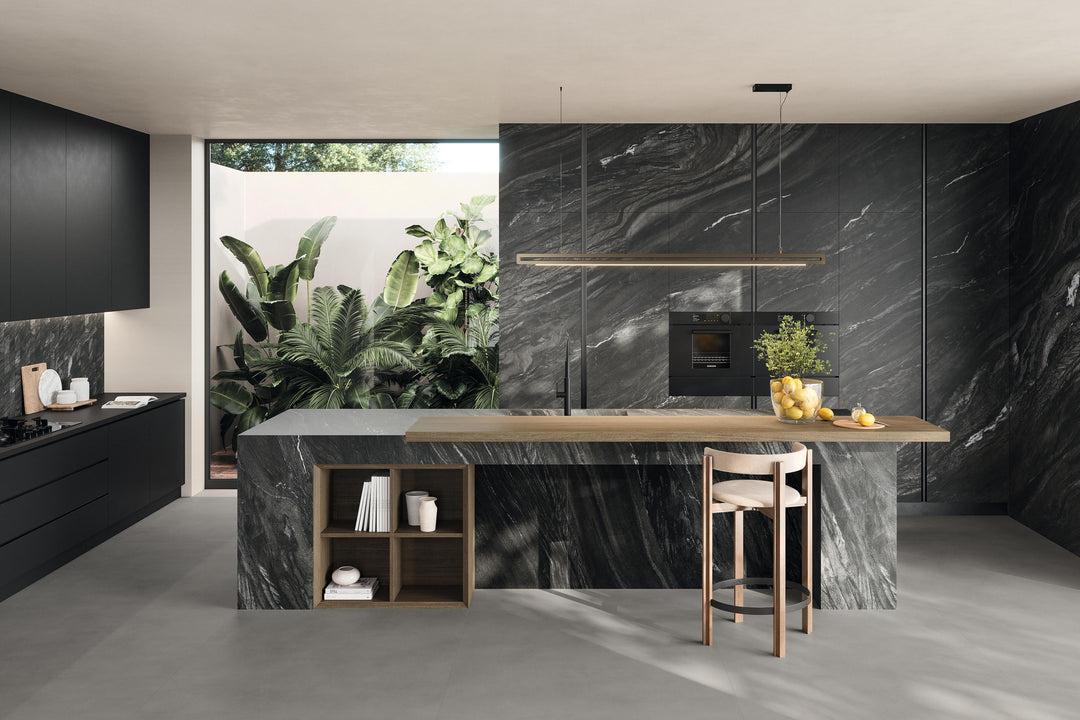 Marvel Diva Black Tempest porcelain slab in an Atlas Concorde interior