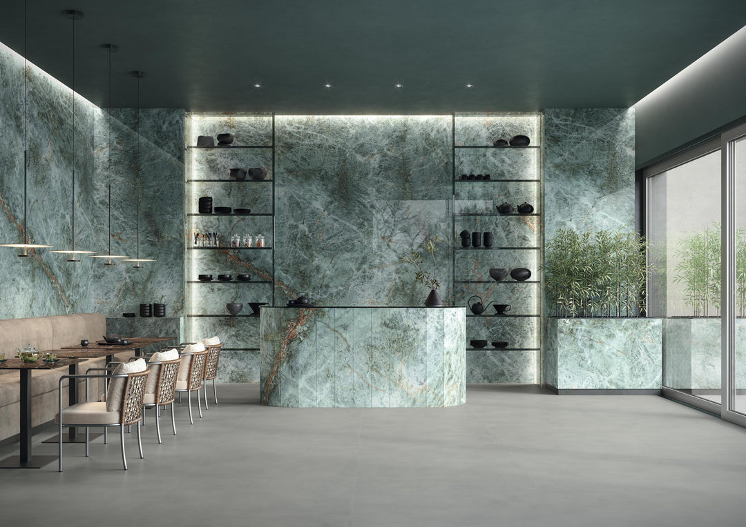 Marvel Diva Galaxy porcelain slab in an Atlas Concorde interior