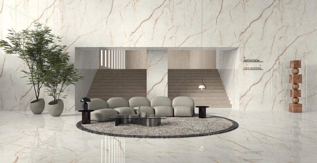 Marvel Diva Ice Crystal porcelain slab in an Atlas Concorde interior