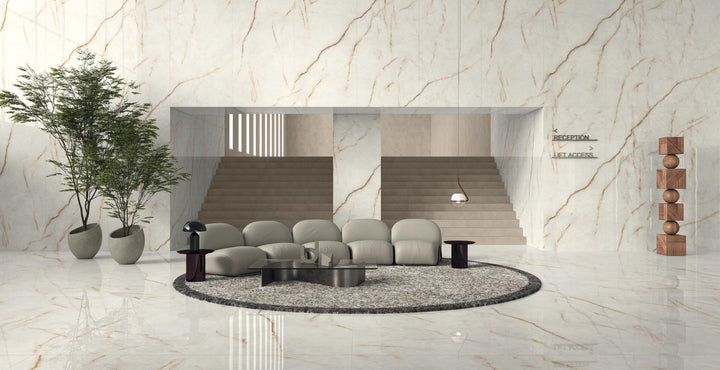 Marvel Diva Ice Crystal porcelain slab in an Atlas Concorde interior