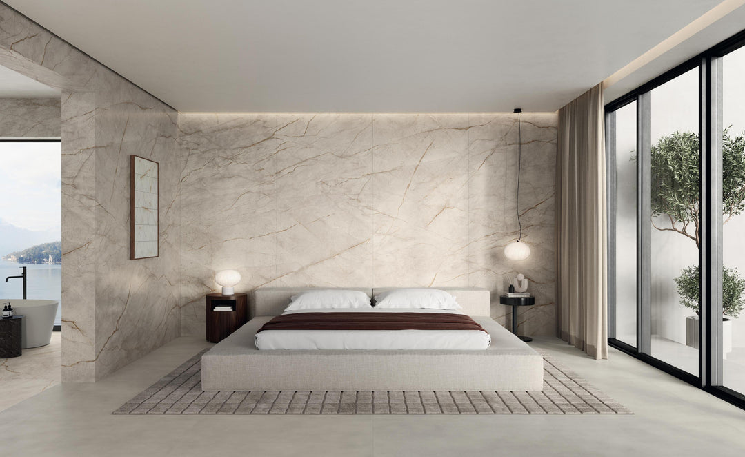 Marvel Diva White Everest porcelain slab in an Atlas Concorde bedroom interior