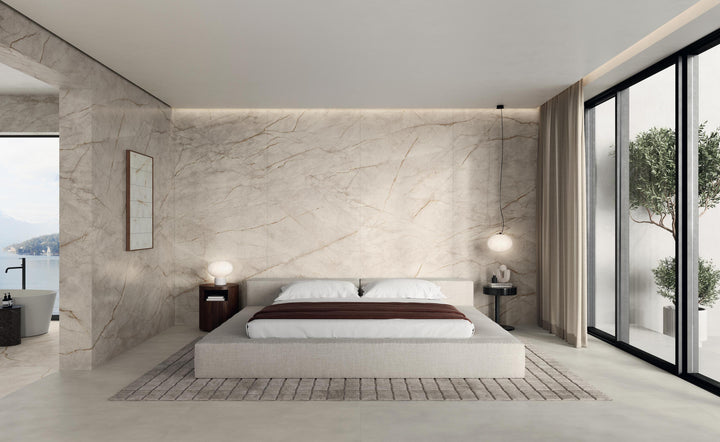Marvel Diva White Everest porcelain slab in an Atlas Concorde bedroom interior