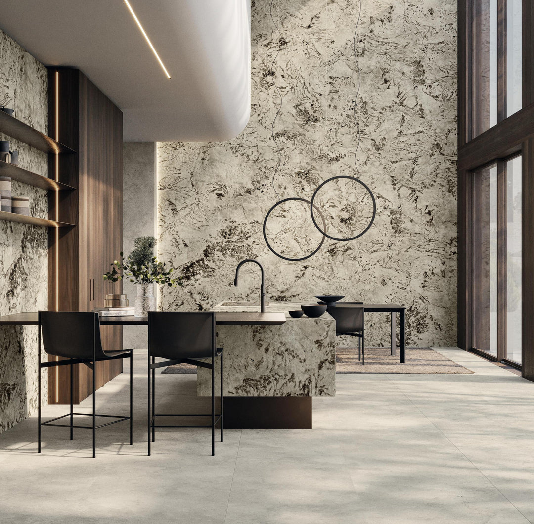 Marvel Epic Alpinus porcelain slab in an Atlas Plan interior