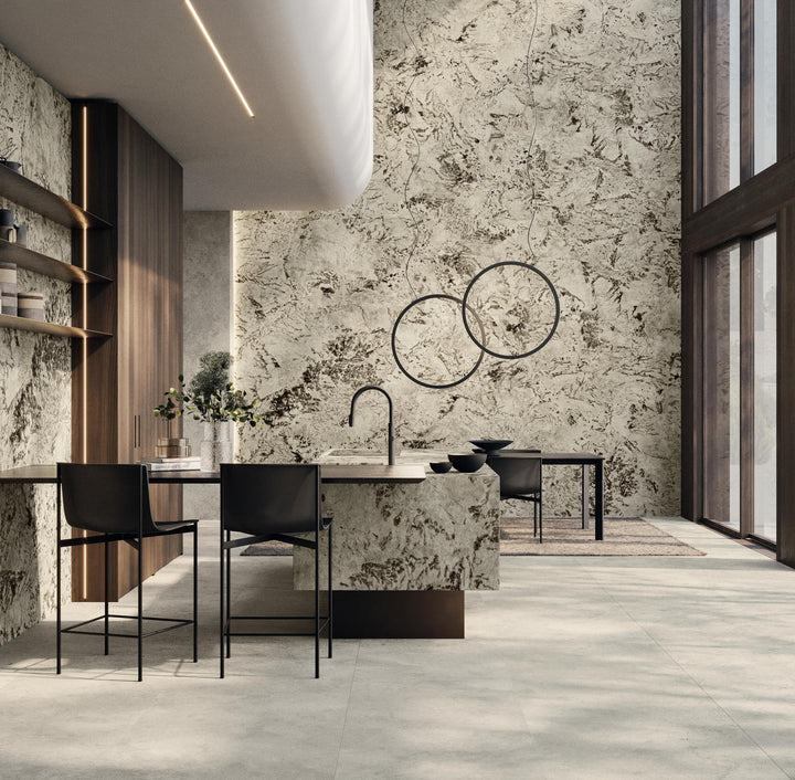 Marvel Epic Alpinus porcelain slab in an Atlas Plan interior