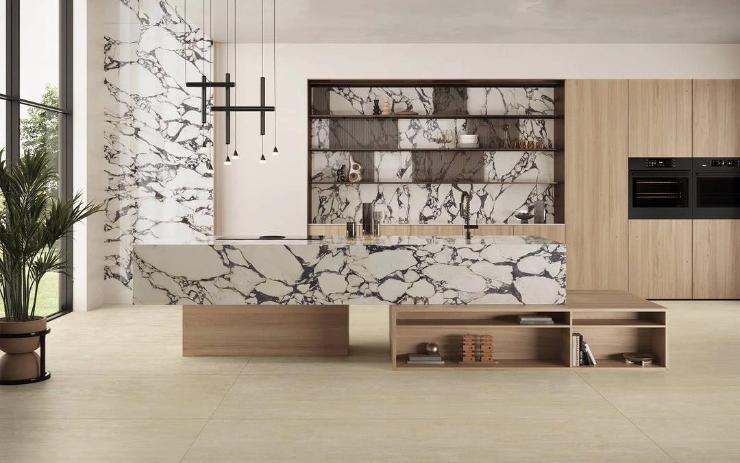 Marvel Epic Calacatta Viola porcelain slab in an Atlas Plan kitchen interior