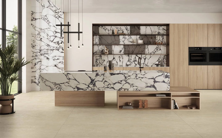 Marvel Epic Calacatta Viola porcelain slab in an Atlas Plan kitchen interior
