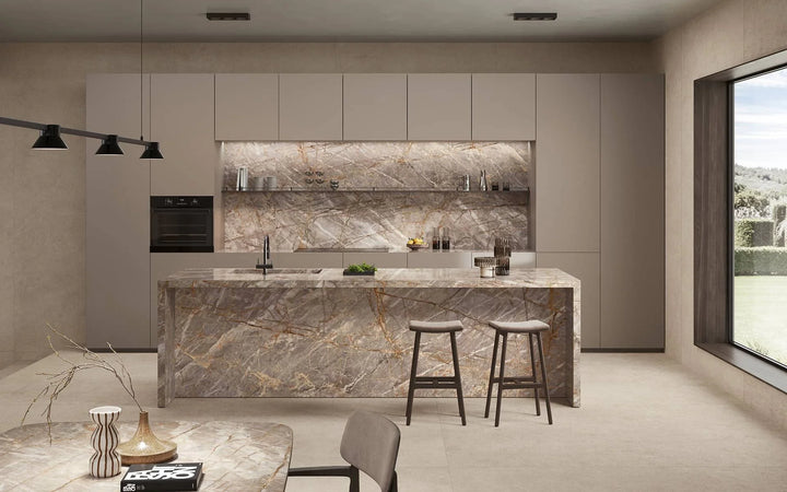 Marvel Epic Natural Roots porcelain slab in an Atlas Plan kitchen interior