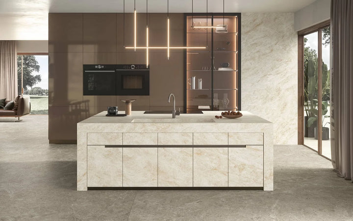 Marvel Epic Taj Mahal White porcelain slab in an Atlas Plan kitchen interior