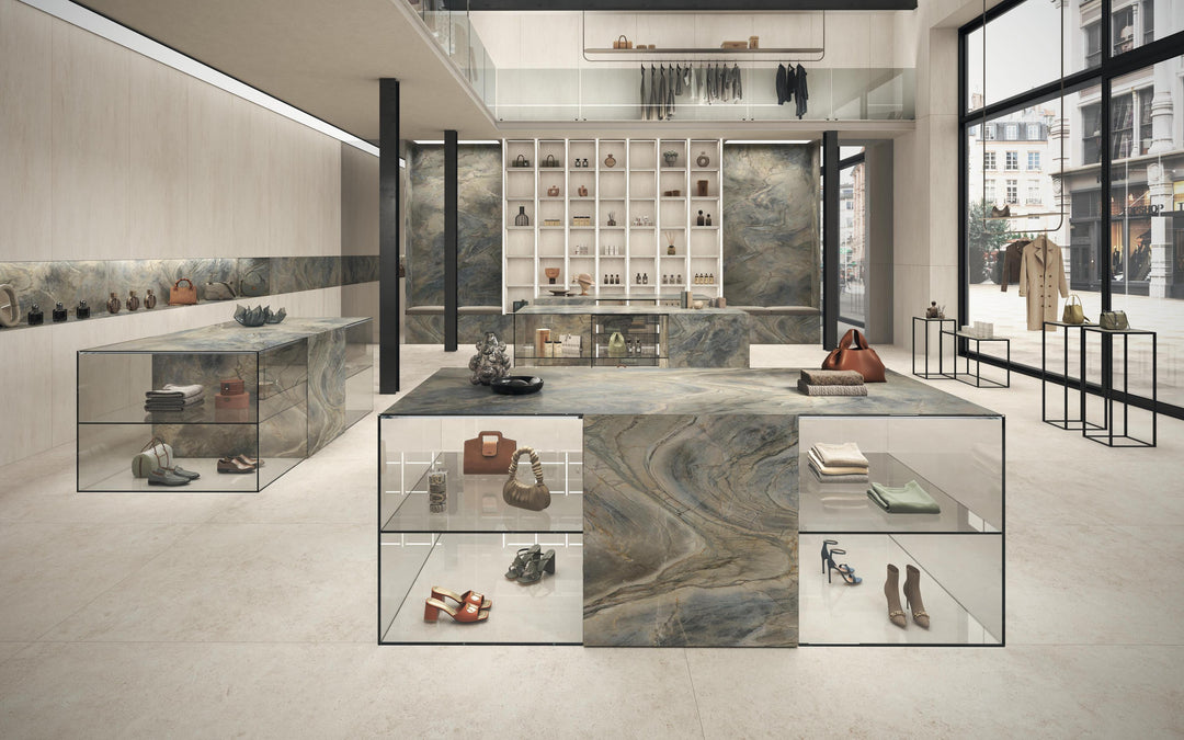 Marvel Epic Zephyr porcelain slab in an Atlas Plan interior