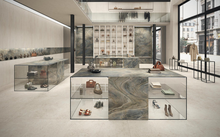 Marvel Epic Zephyr porcelain slab in an Atlas Plan interior