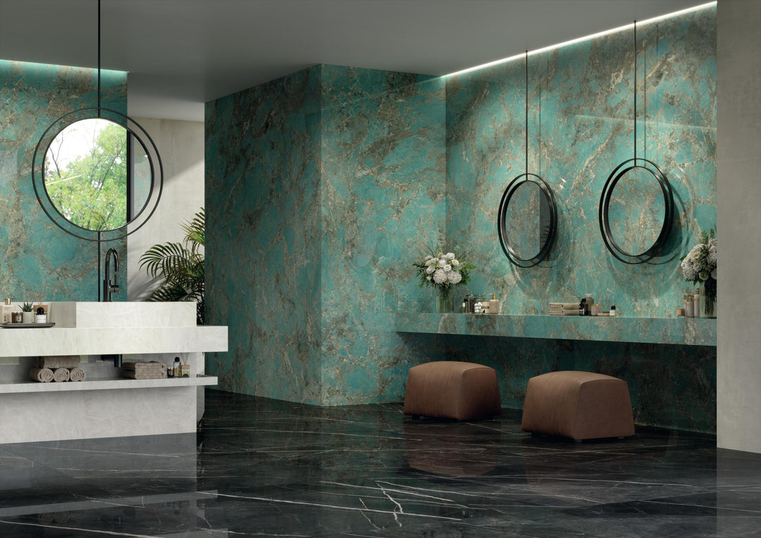 Marvel Gala Amazzonite porcelain slab in an Atlas Concorde interior