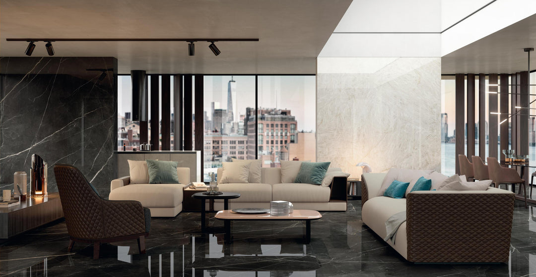 Marvel Gala Calacatta Black porcelain slab in an Atlas Concorde interior
