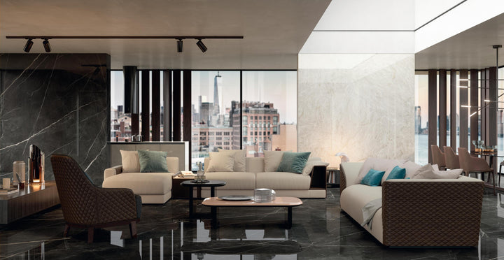 Marvel Gala Calacatta Black porcelain slab in an Atlas Concorde interior