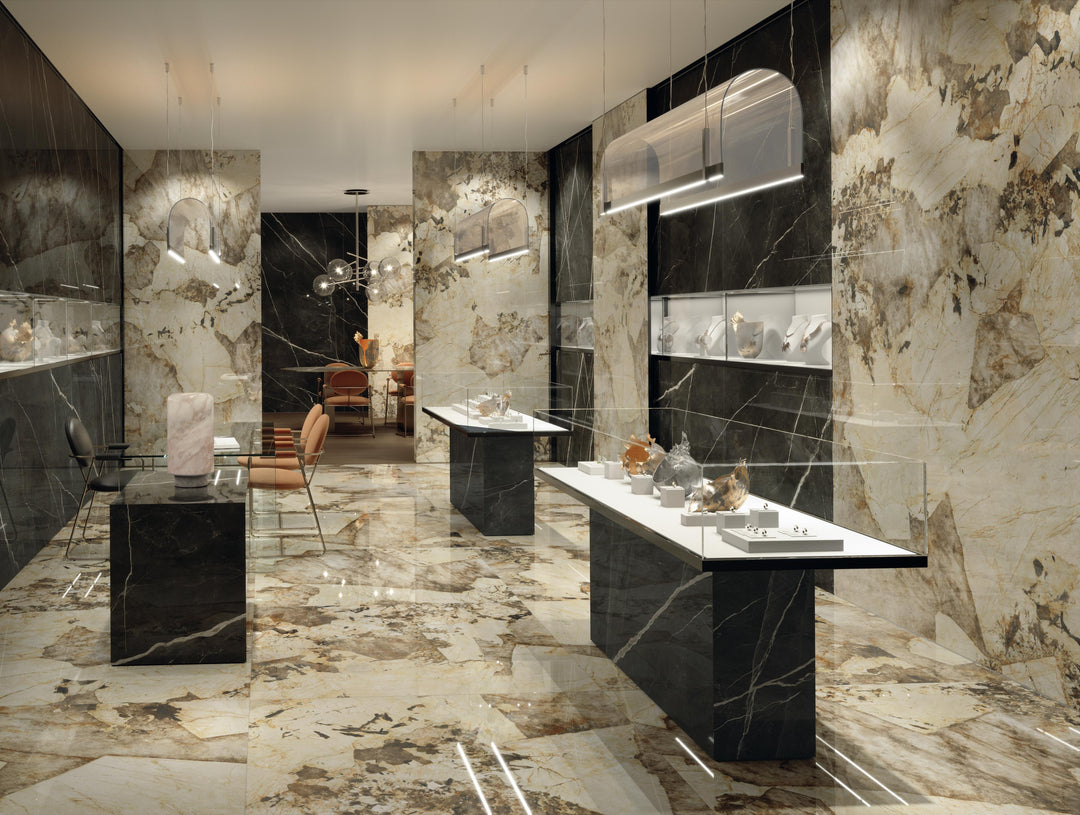 Marvel Gala Desert Soul porcelain slab in an Atlas Concorde interior