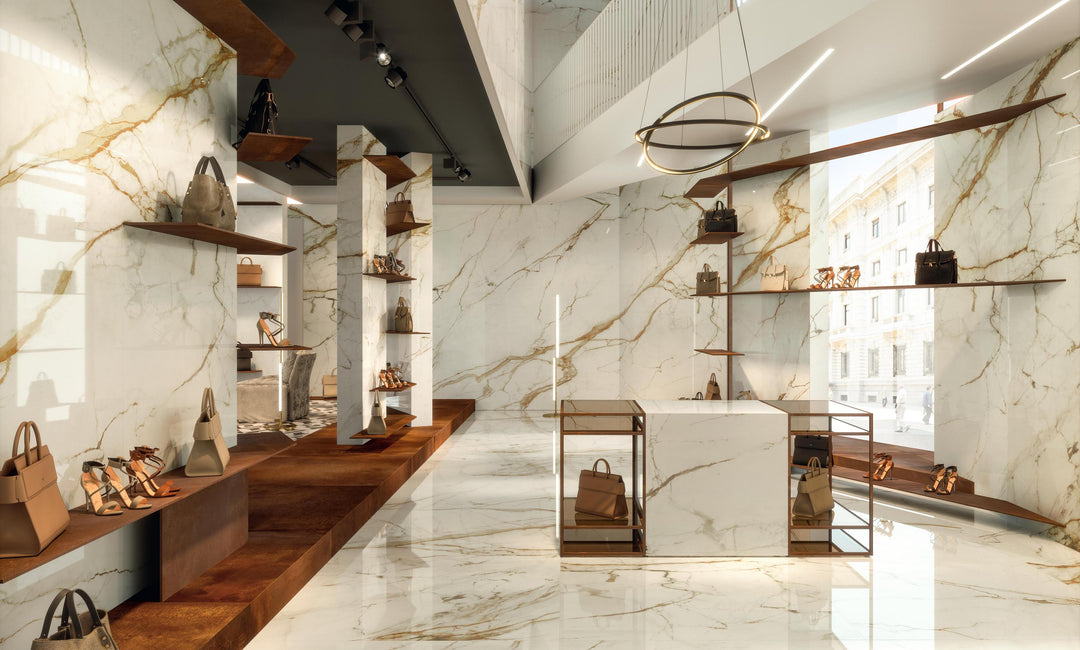 Marvel Shine Calacatta Imperiale porcelain slab in an Atlas Concorde interior