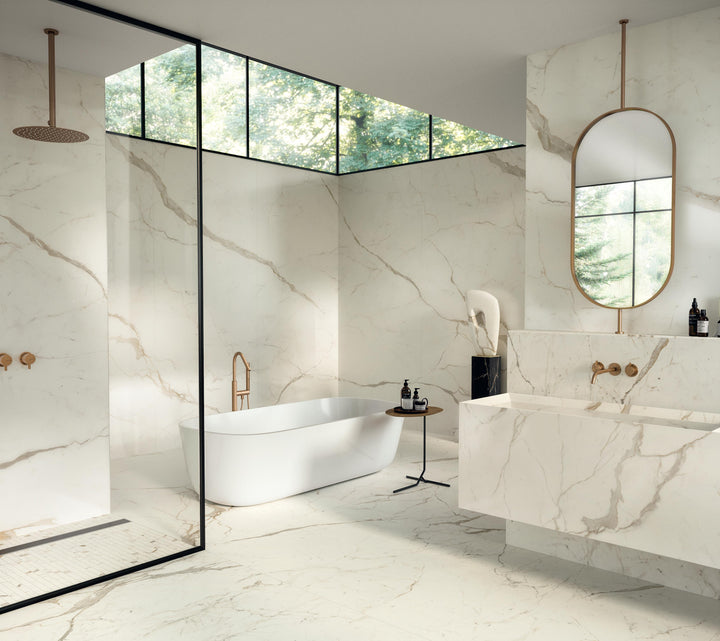 Marvel Shine Calacatta Prestigio porcelain slab in an Atlas Concorde interior