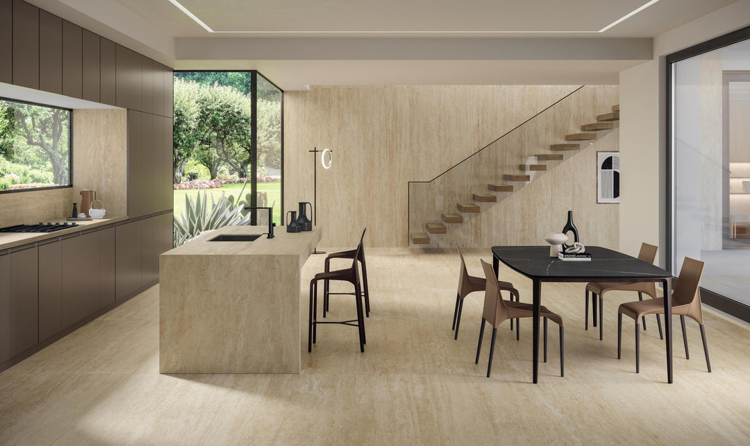 Marvel Travertine Sand Vein Cut porcelain slab in an Atlas Concorde interior