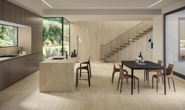Marvel Travertine Sand Vein Cut porcelain slab in an Atlas Concorde interior