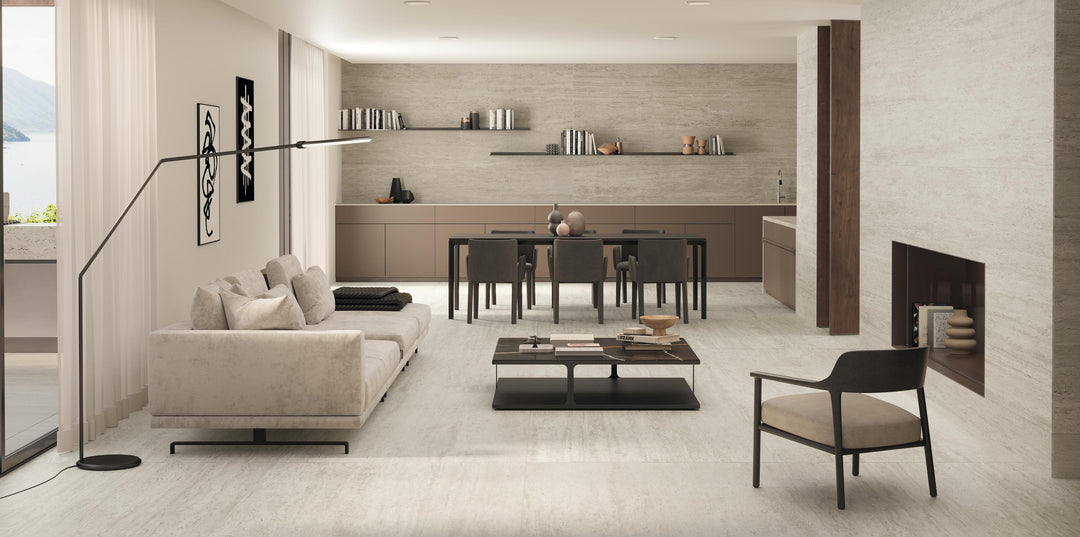 Marvel Travertine White Vein Cut porcelain slab in an Atlas Concorde interior