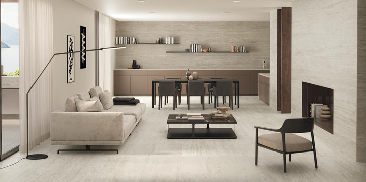 Marvel Travertine White Vein Cut porcelain slab in an Atlas Concorde interior