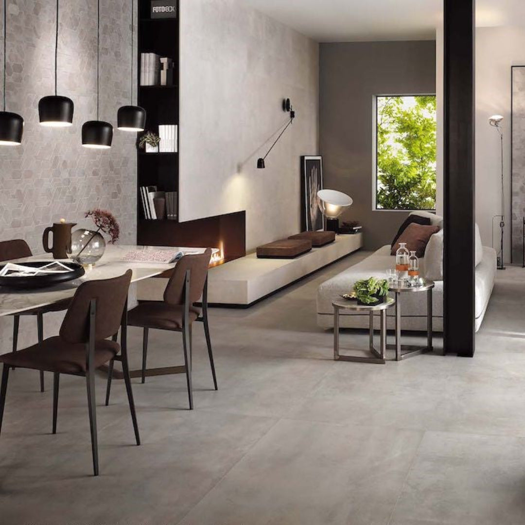 Boost Pearl concrete effect porcelain tiles in an interior setting