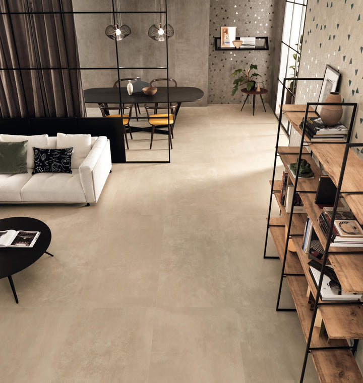Boost Pro Cream concrete effect porcelain tiles in an industrial living interior