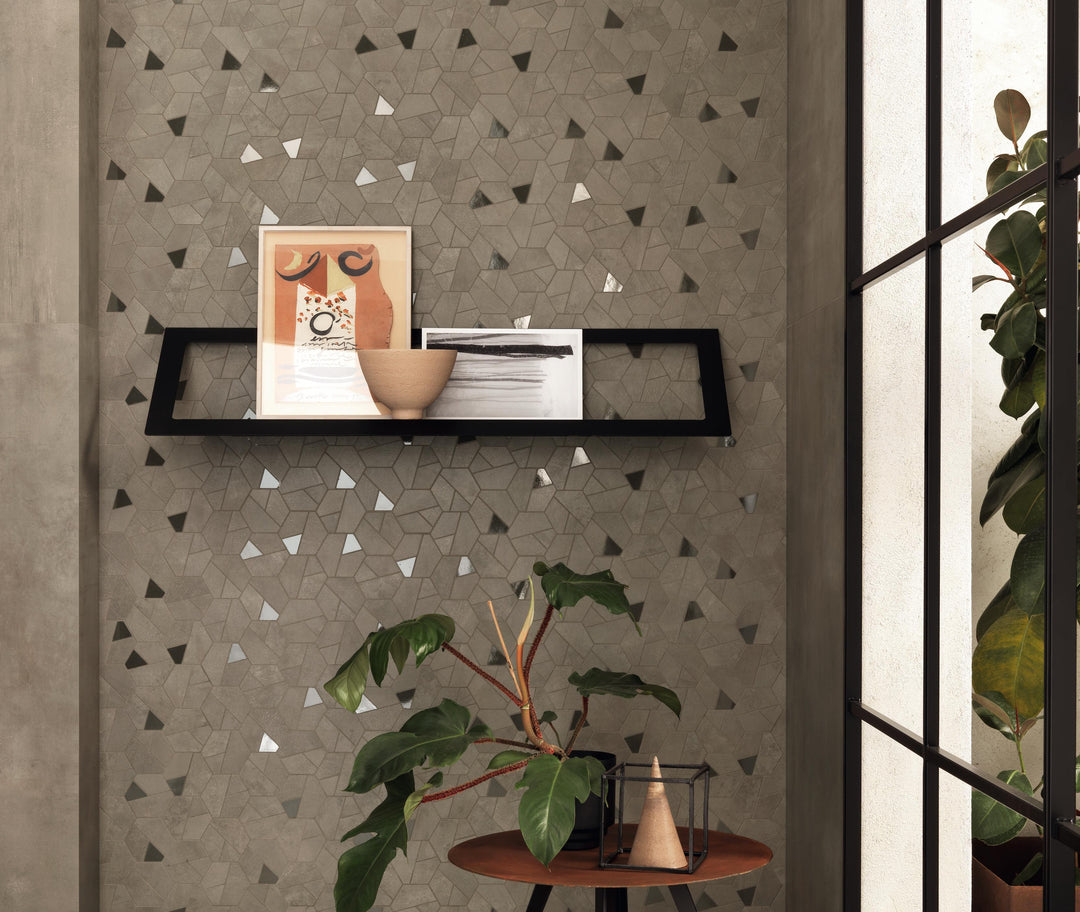 Boost Pro Taupe concrete effect porcelain tiles with Hex Coffee in an industrial living interior