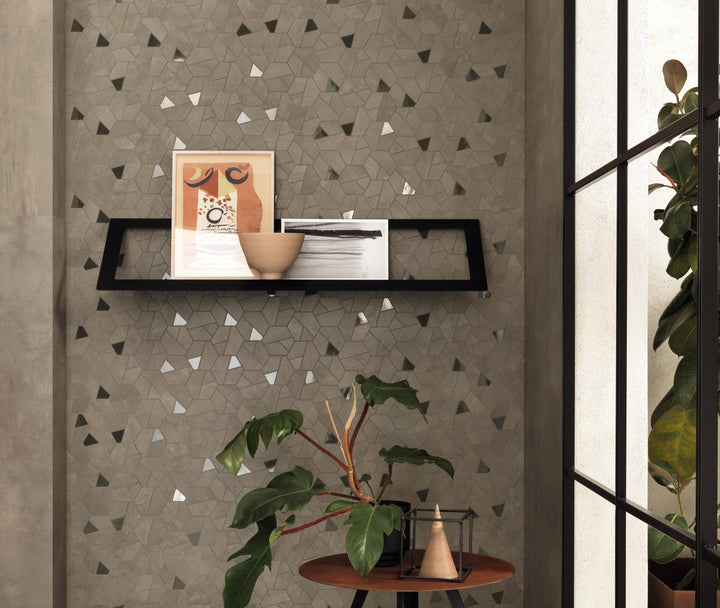 Boost Pro Taupe concrete effect porcelain tiles with Hex Coffee in an industrial living interior