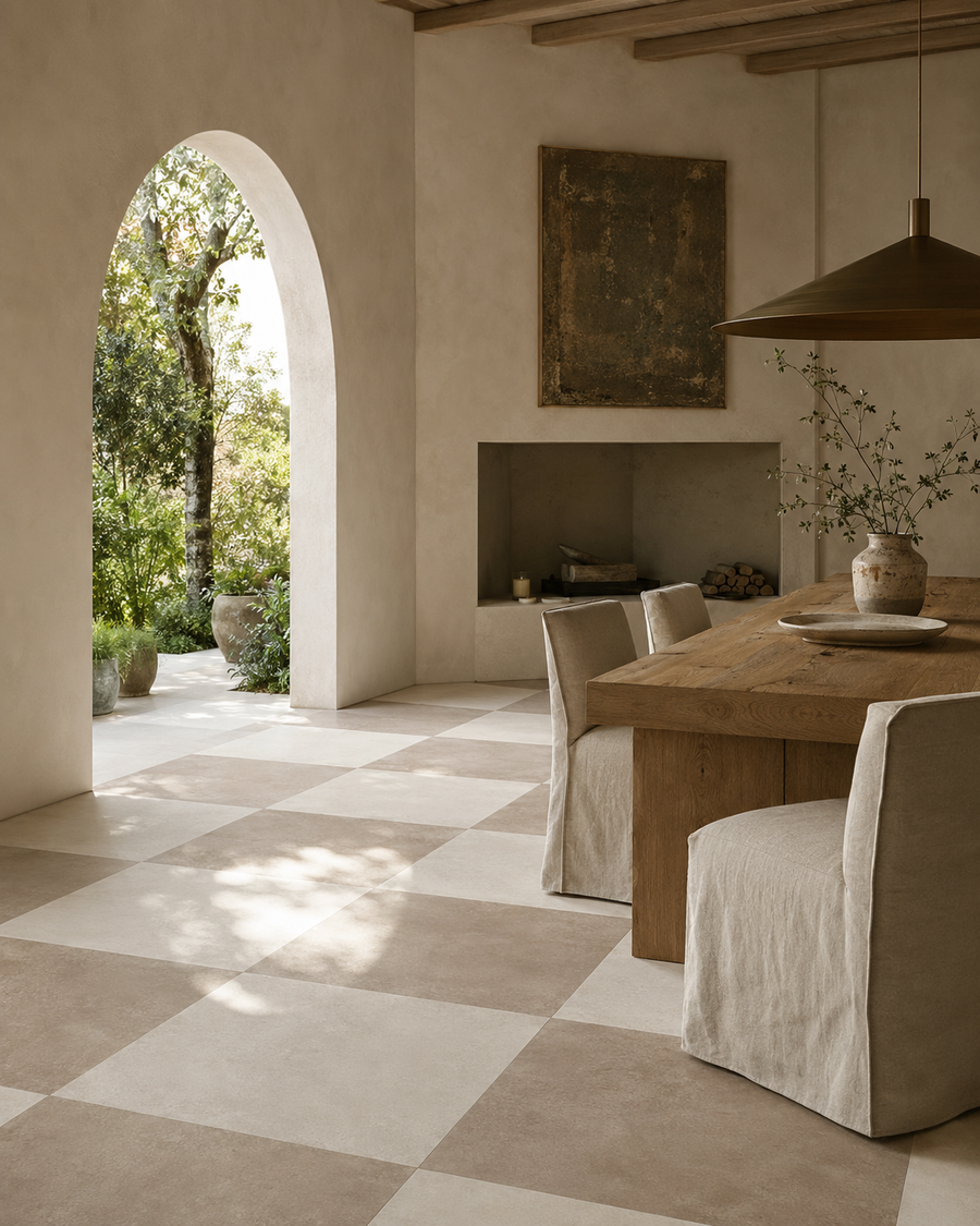 Boost World White and Boost Pro Clay porcelain tiles in a chequerboard dining room