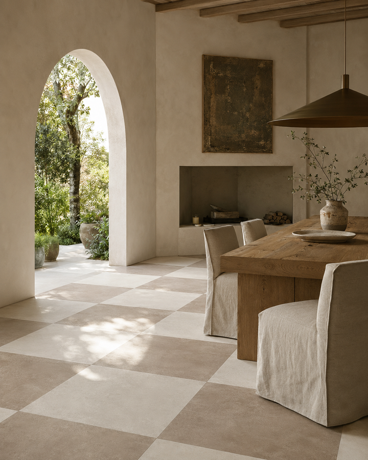Boost White and Boost Pro Clay concrete effect porcelain tiles in a chequerboard luxury interior