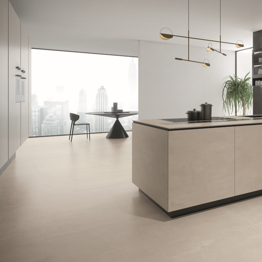 Boost White concrete effect porcelain tiles in a modern kitchen