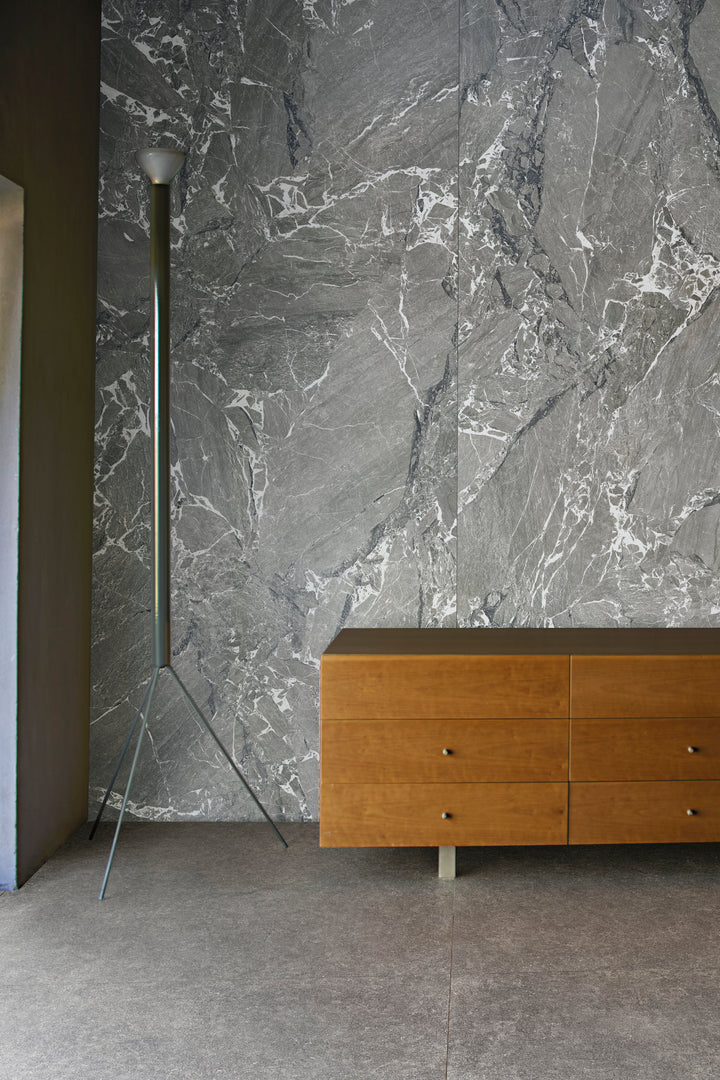 Fiandre Lexicon Arabescato Grigio porcelain tile in a room setting