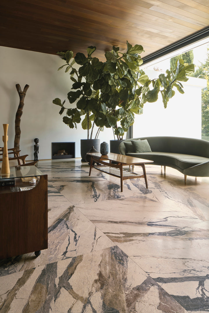 Fiandre Lexicon Breccia Phoenix porcelain tile in a room setting