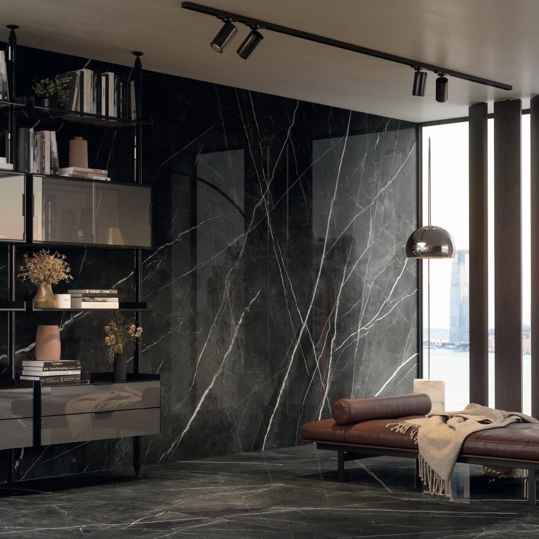 Marvel Gala Calacatta Black Polished Marble Effect Porcelain Wall and Floor Tile