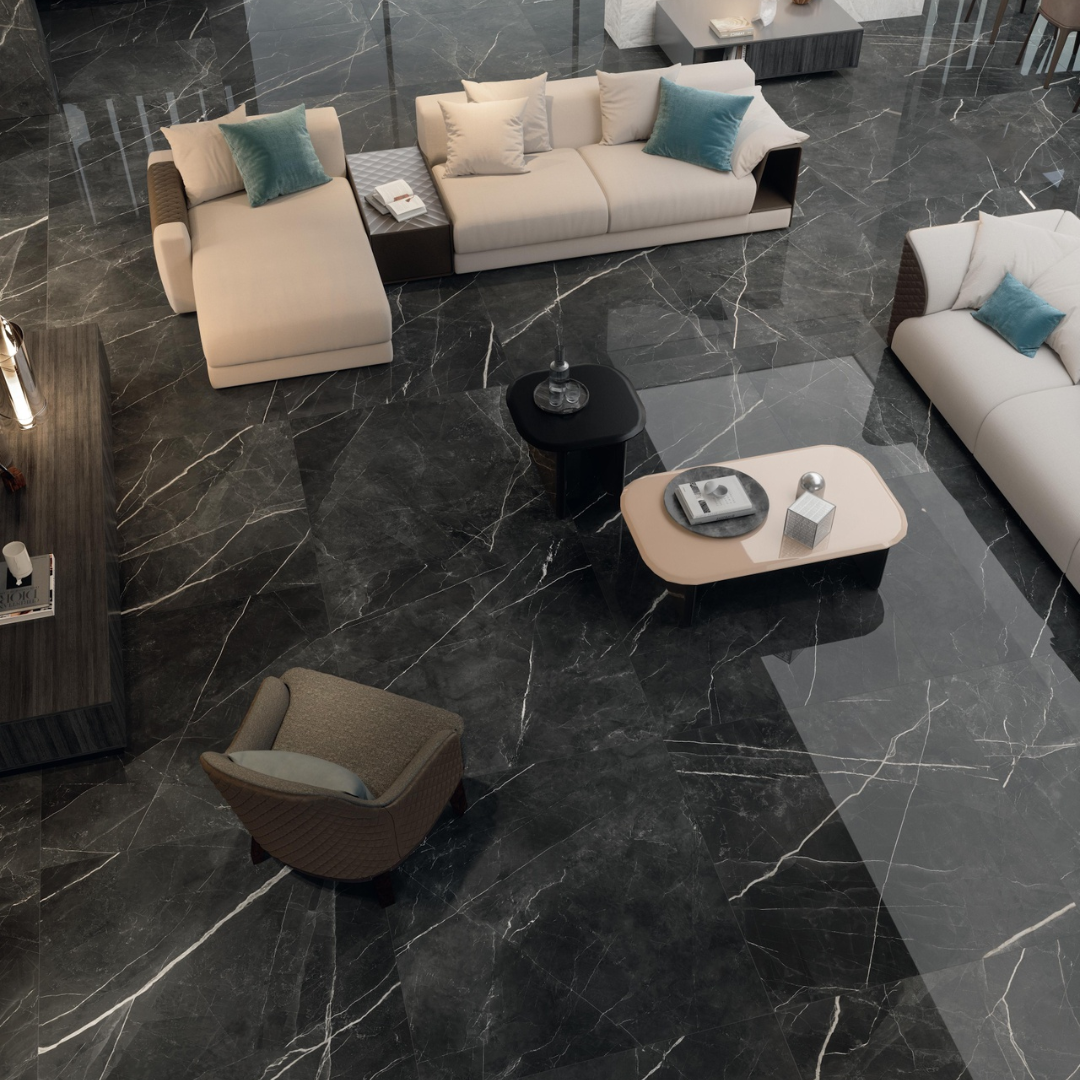 Marvel Gala Calacatta Black Polished Marble Effect Porcelain Wall and Floor Tile