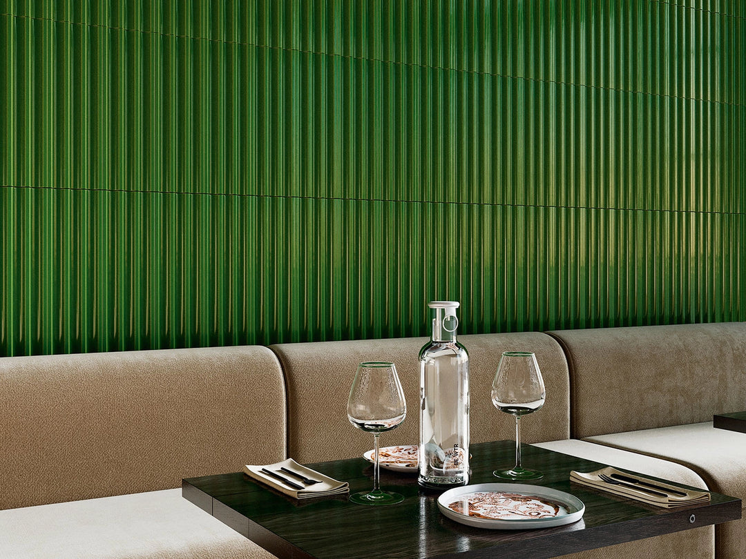 Plinth Muted Moss 3D ceramic wall tile shown in a room setting