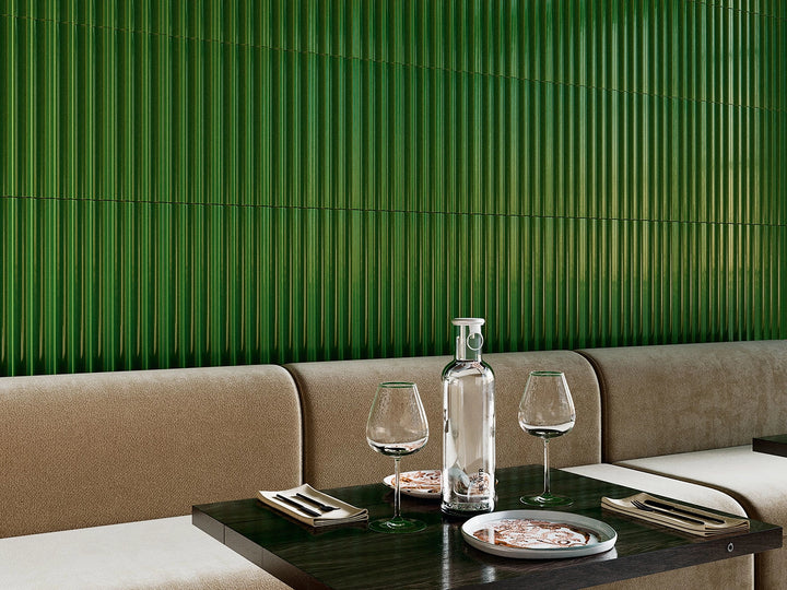 Plinth Muted Moss 3D ceramic wall tile shown in a room setting