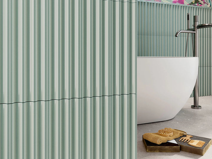 Plinth Stone Green 3D ceramic wall tile shown in a room setting