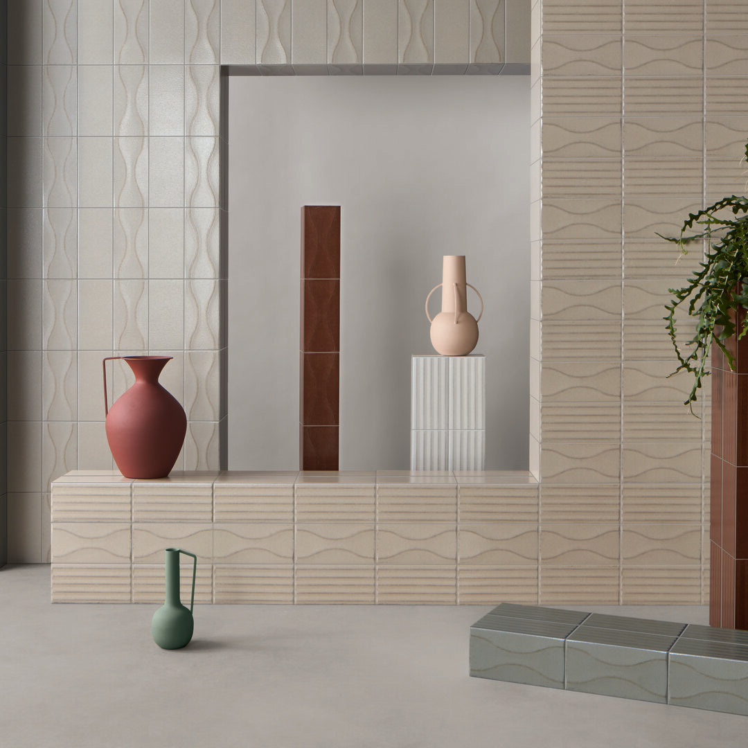 Sartoria Riflessi textured glossy porcelain tiles in a contemporary room setting
