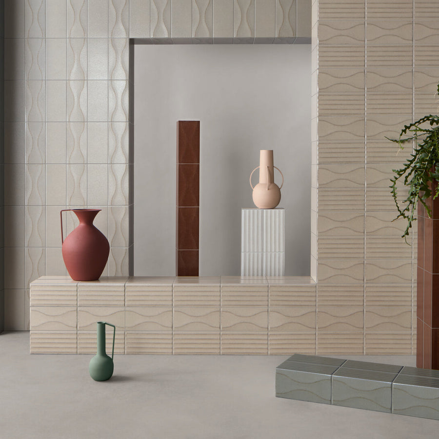 Sartoria Riflessi textured glossy porcelain tiles in a contemporary room setting