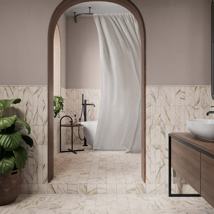 WOW Vestige Arabescato matt porcelain wall and floor tiles in an interior