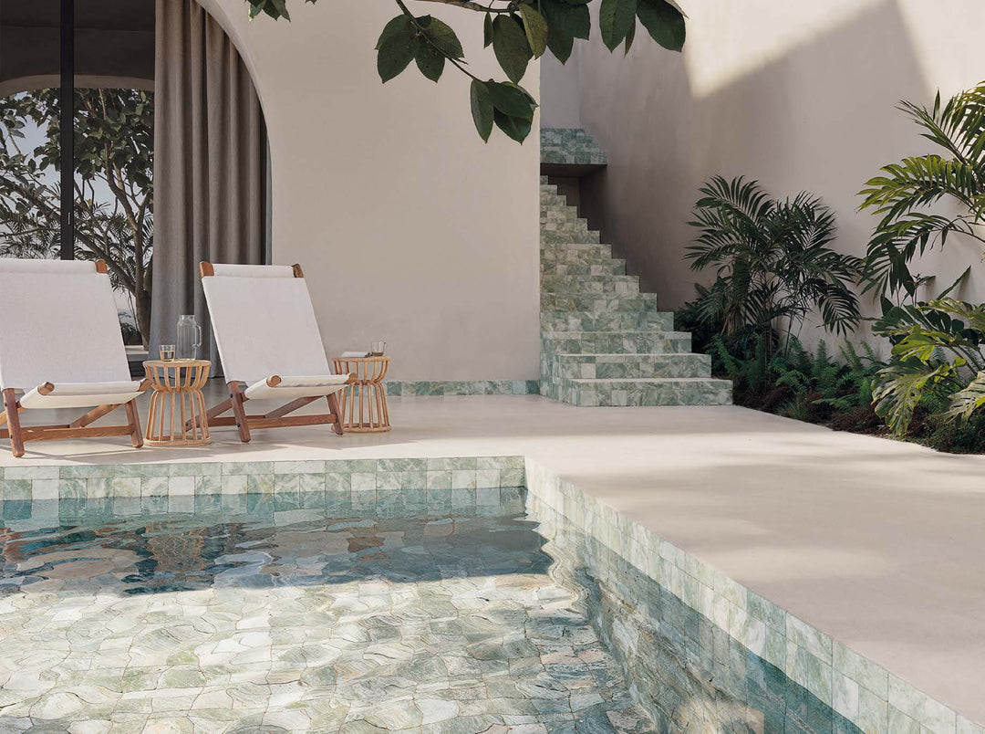 WOW Vestige Sagano marble effect porcelain tiles in a pool and wet-area setting